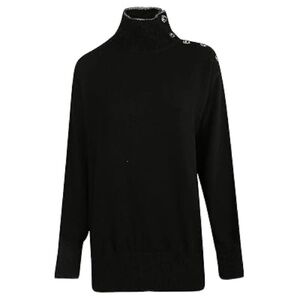 Alberta Ferretti Black Turtleneck Sweater Rhinestone Button Detail Cowl Sparkle